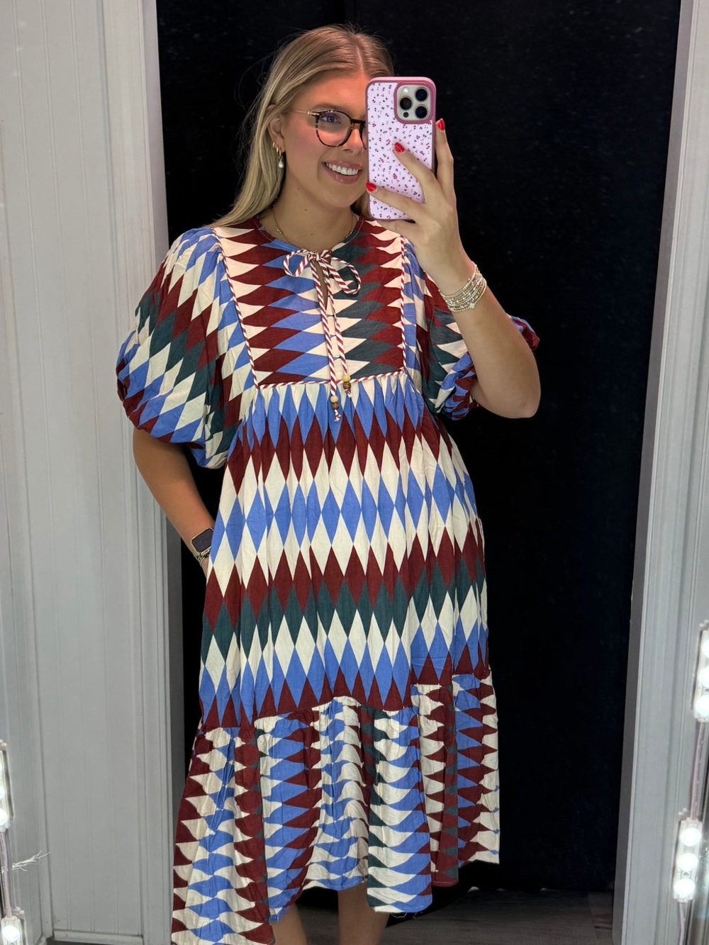 G&Co Diamond-Print Puff-Sleeve Midi Dress in Blue, Rust & Cream - Picture 5 of 7
